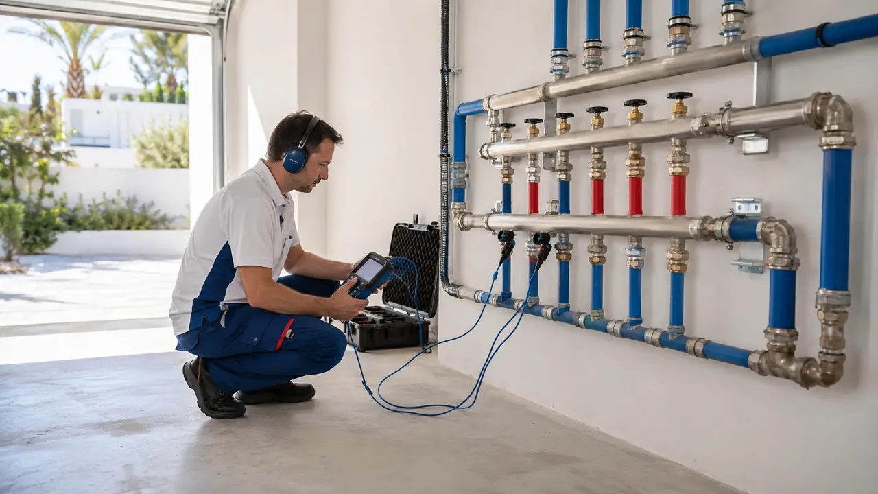 Técnico revisando con cámara térmica una instalación comunitaria en Mijas