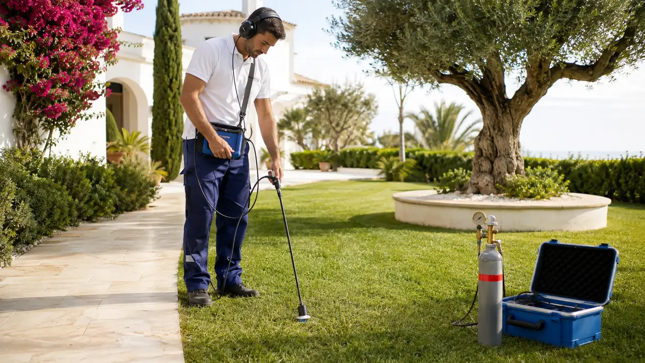 Especialista buscando una fuga de agua en una zona exterior ajardinada de Mijas